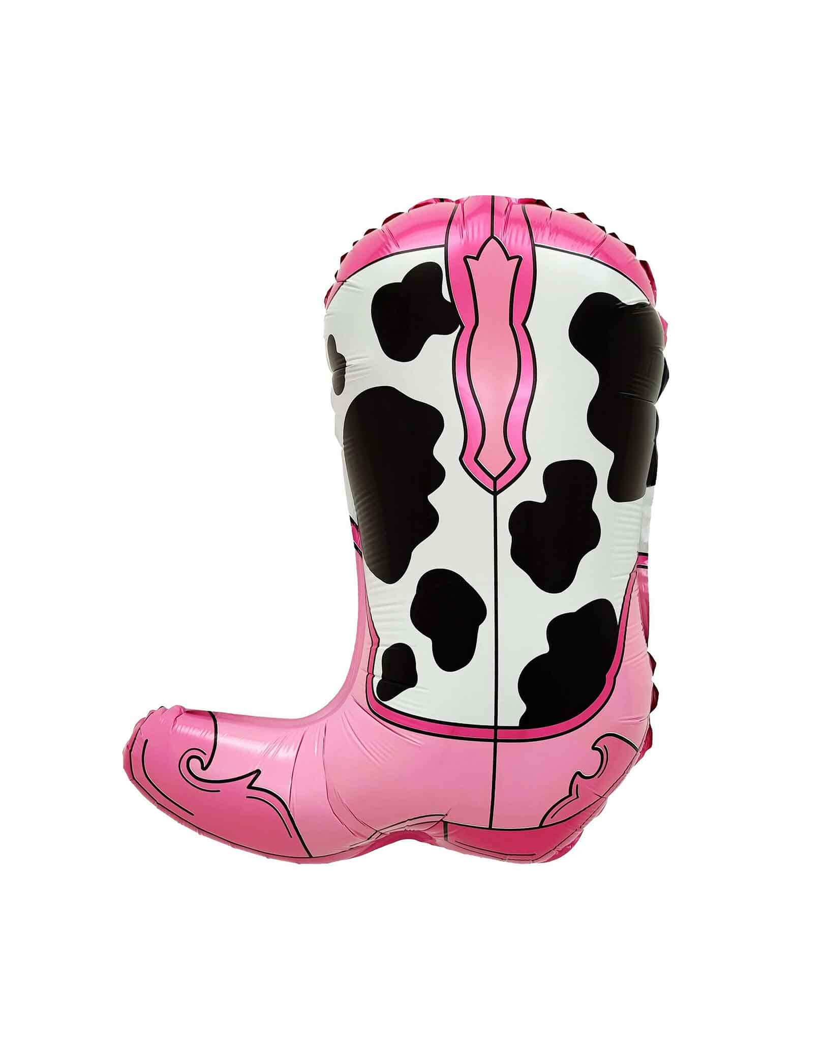 Momo Party's Pink Cow Print Cowboy Boot Foil Balloon. Its playful design combines classic western style with a trendy twist, making it perfect for rodeo-themed events or any celebration that needs a pop of color. Inflate with helium to watch it float or use air for a festive decoration that lasts.