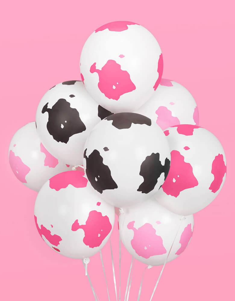 Momo Party's Pink Cow Print Latex Balloon Mix by Xo, fetti.  Comes in 24 matte cow print latex balloons, including 8 light pink, 8 hot pink and 8 black balloons, these latex balloons are perfect for girl's farm, barnhouse, rodeo, Western themed birthday party or a disco cowgirl bachelorette party.