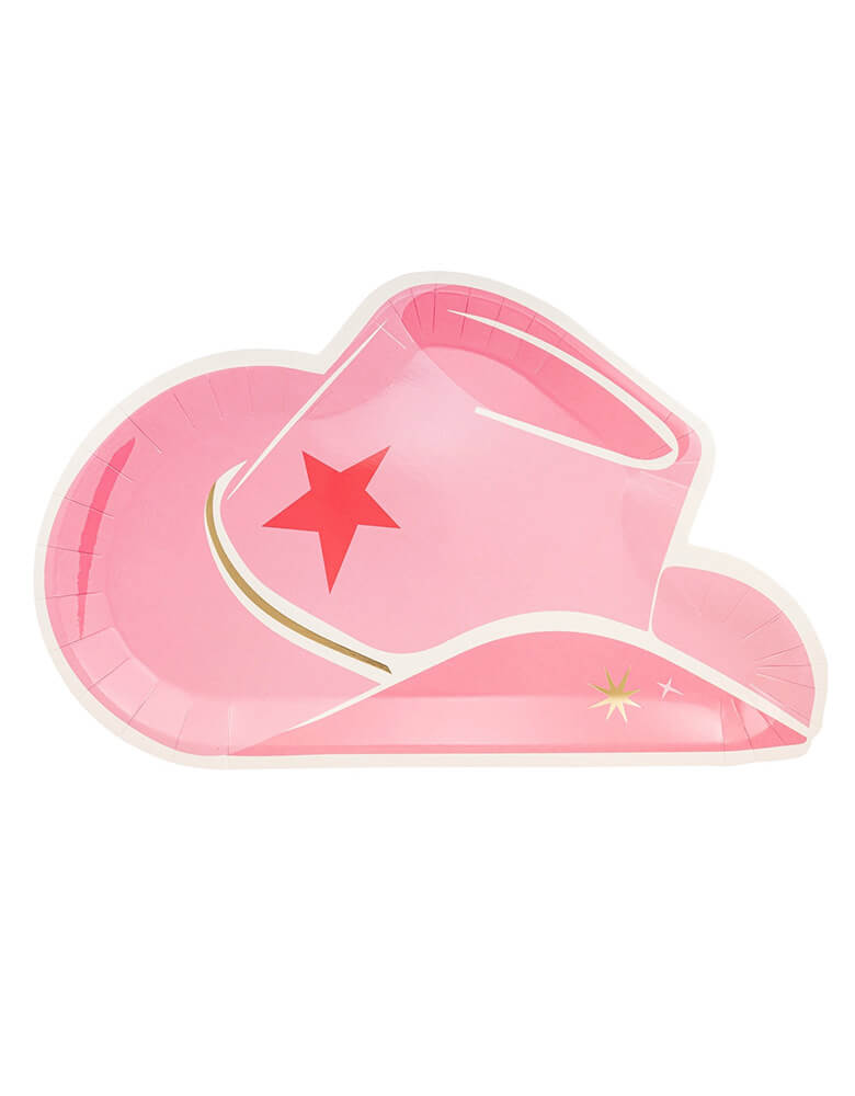 Momo Party's 12" x 9" pink cowgirl hat shaped paper plates by My Mind's Eye. Comes in a set of 8 plates, these unique plates are perfect for all your Wild West themed gatherings, these plates are sure to make your guests giddy with delight. They work great for a kid's cowgirl rodeo Western themed birthday party or girl's Disco Cowgirl Let's Go Girls Themed bachelorette parties.