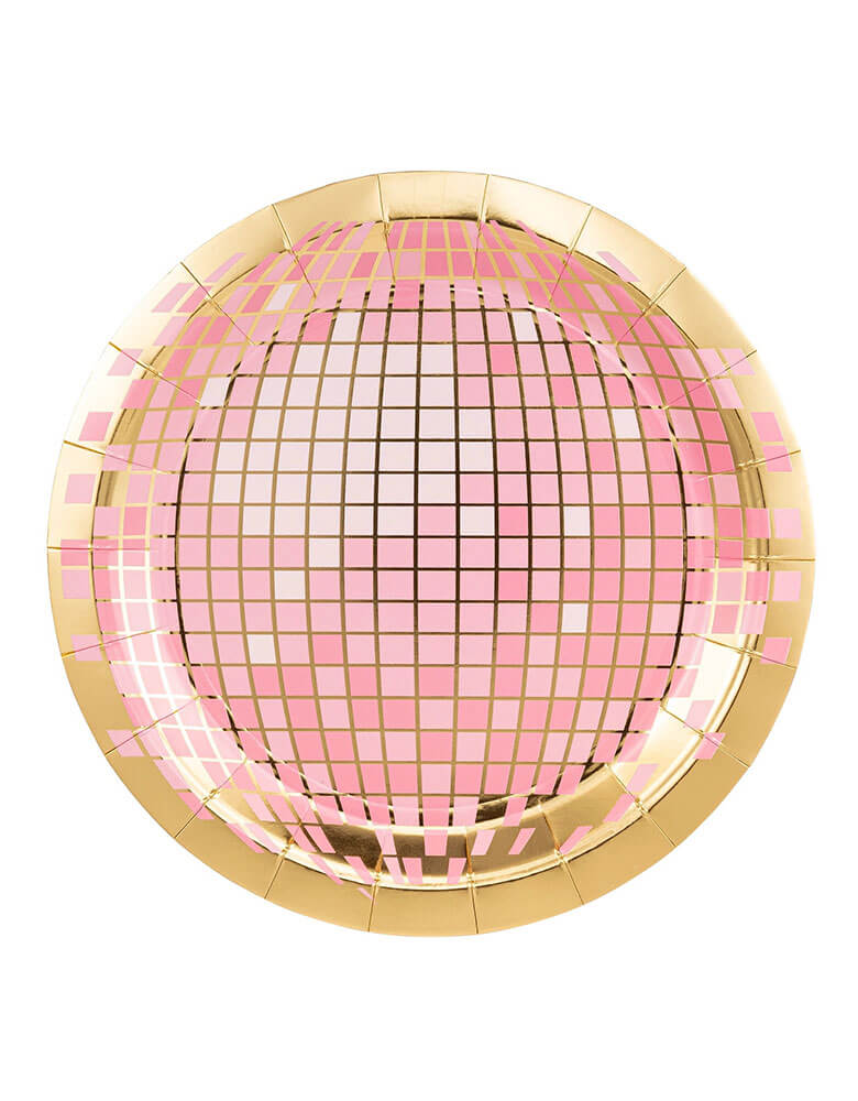 Momo Party's 9" Pink Disco Ball Paper Plates by My Mind's Eye. This fun and quirky plate features a disco ball design in vibrant pink and gold foil, adding a touch of glitz to any celebration. Bring on the dance floor and let the fun begin! These plates are perfect for a girly dance party or a disco cowgirl themed birthday or bachelorette bash! 