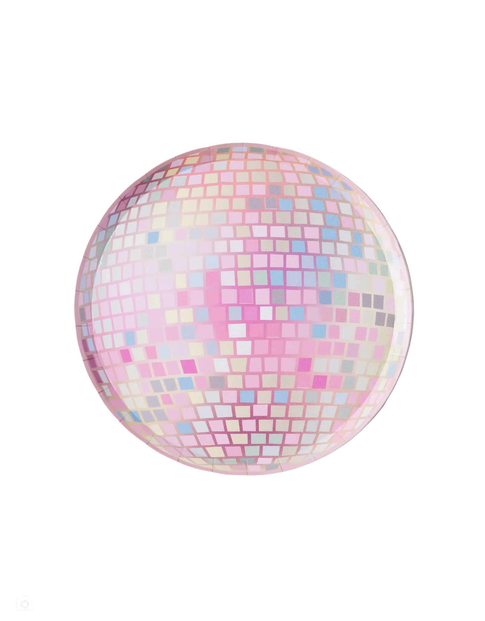 Momo Party's 8" Pink Disco Ball Plate by Bonjour Fete on a white background.  Covered with dazzling pink foil, these plates are perfect for creating a shimmering atmosphere. Whether it's a Disco birthday, a Taylor Swift-themed party, or a fun bachelorette weekend, these plates will add a festive flair that’s ready for the dance floor.