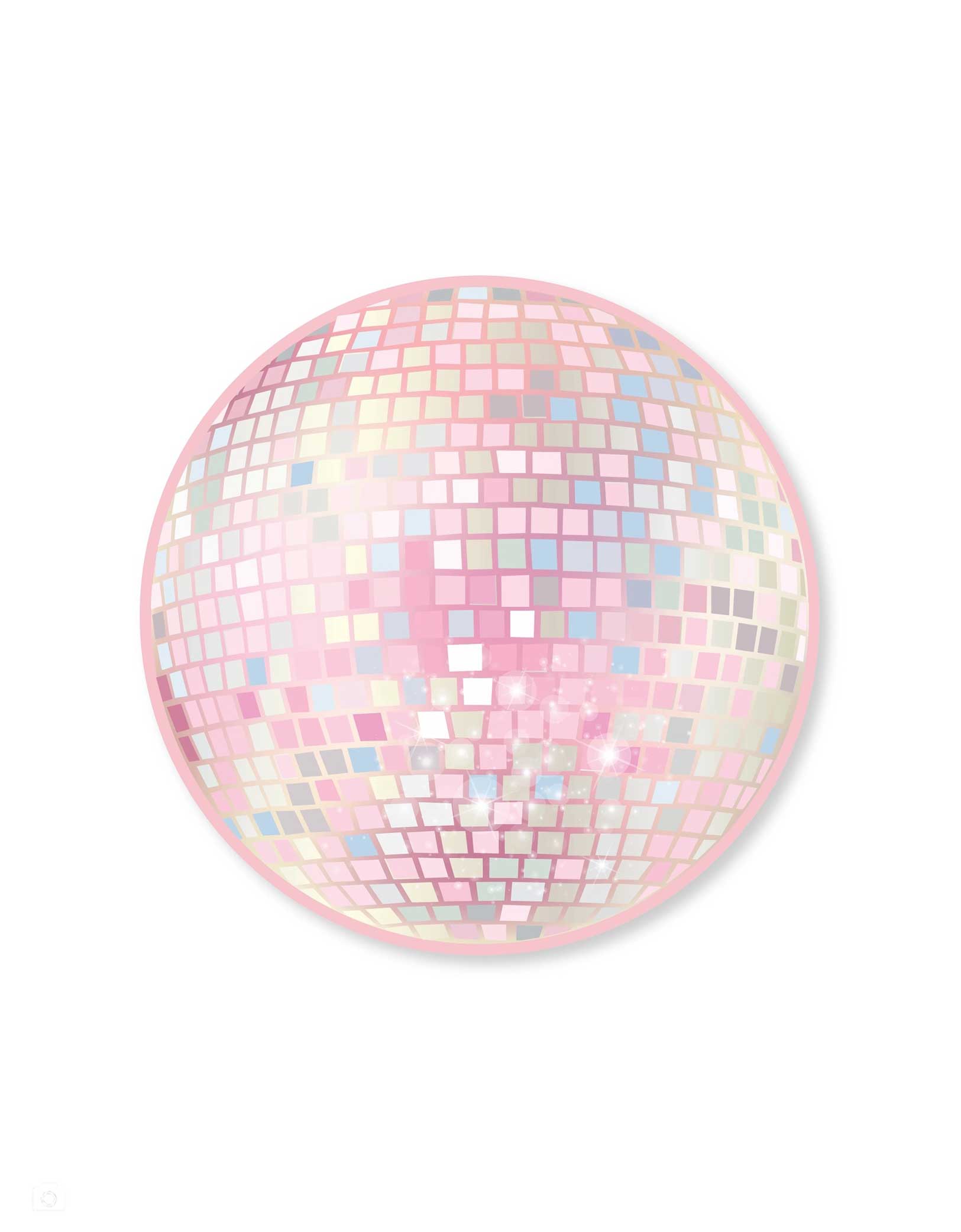 Momo Party's 8" Pink Disco Ball Plate by Bonjour Fete on a white background.  Covered with dazzling pink foil, these plates are perfect for creating a shimmering atmosphere. Whether it's a Disco birthday, a Taylor Swift-themed party, or a fun bachelorette weekend, these plates will add a festive flair that’s ready for the dance floor.