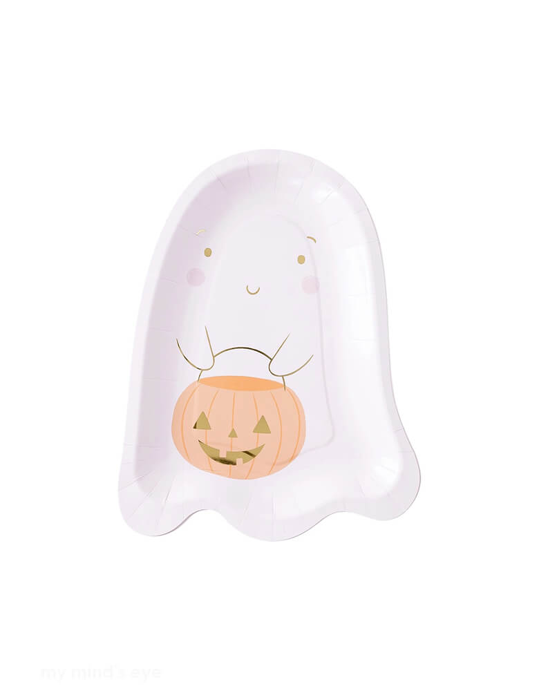 Momo Party's 7.5" x 10" Ghost Shaped Plates - Occasions By Shakira by My Mind's Eye. Featuring a friendly pink ghost holding a jack o-lantern trick-or-treat bucket, this whimsical and unique plate is perfect for serving up your favorite treats, and it's sure to be a hit with all your guests. Don't be scared to add this playful touch to your party!
