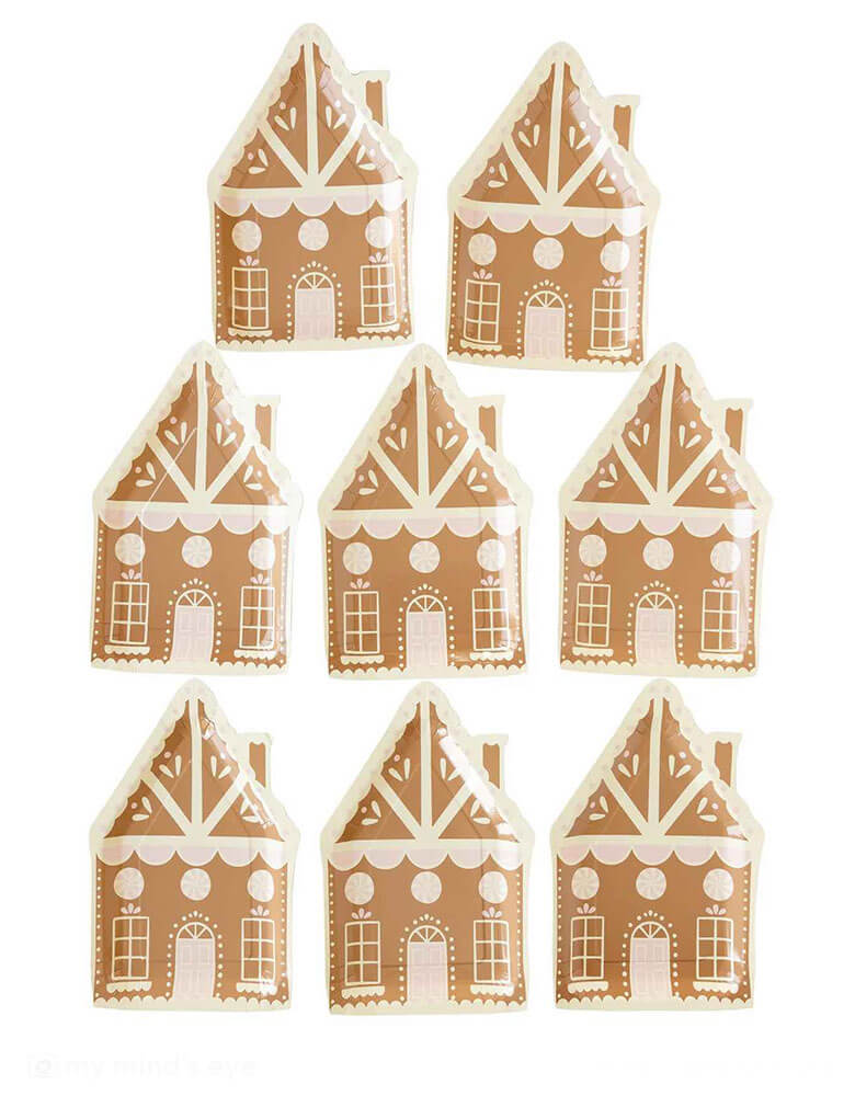 Momo Party's 6.5" x 10.5" Pink Gingerbread House Shaped Plates by My Mind's Eye. Comes with a set of 8 plates, featuring a charming gingerbread house design, these paper plates add a cozy festive touch to any Christmas party. Or pile these gingerbread house plates high with your favorite holiday treats to share with friends and family this Christmas!