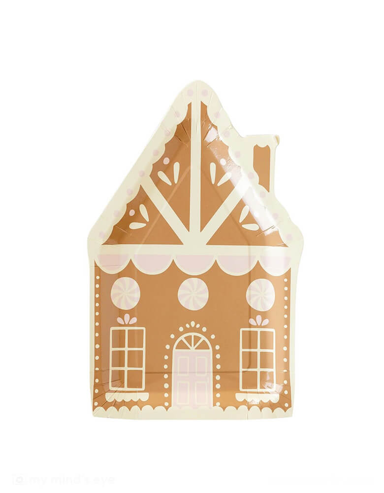 Momo Party's 6.5" x 10.5" Pink Gingerbread House Shaped Plates by My Mind's Eye. Featuring a charming gingerbread house design, these paper plates add a cozy festive touch to any Christmas party. Or pile these gingerbread house plates high with your favorite holiday treats to share with friends and family this Christmas!