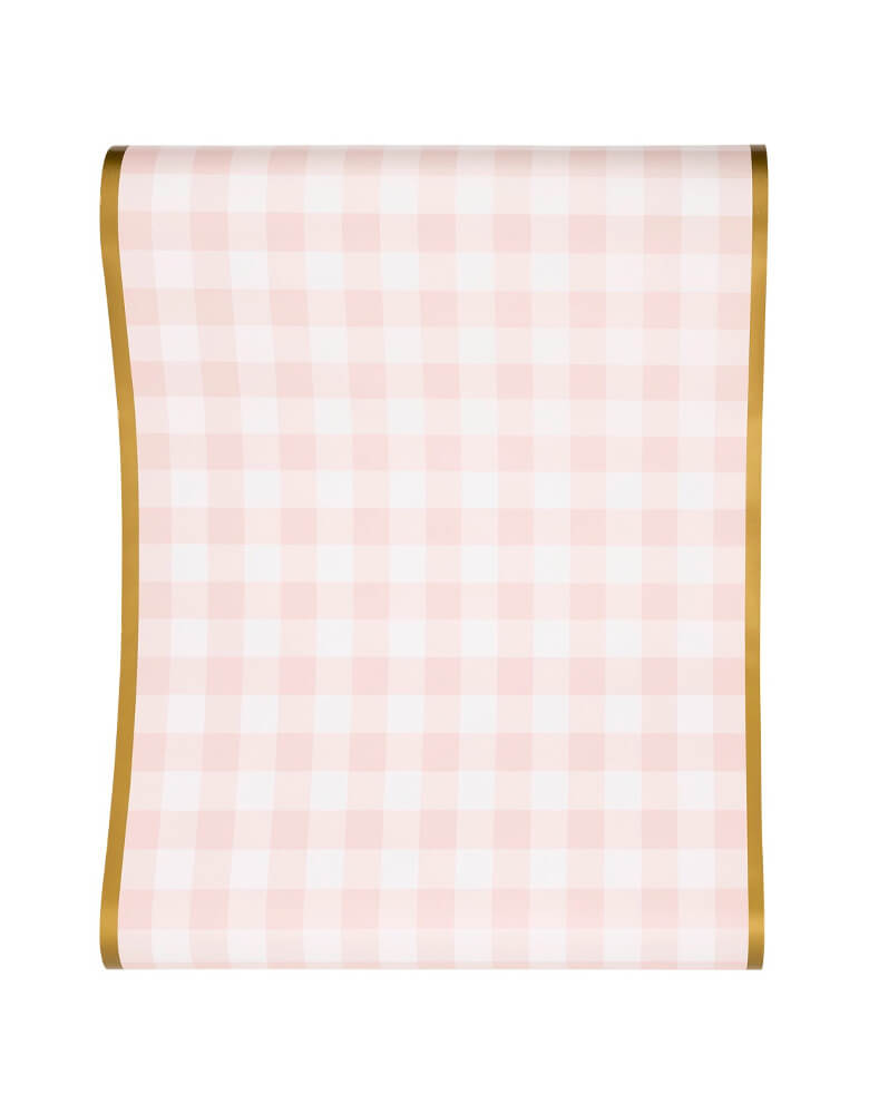 Momo Party's 16 x 120 inches Pink Gingham Paper Table Runner by My Mind's Eye. Add a touch of whimsy to your spring or Easter table setting with our Pink Gingham Paper Table Runner. This elegant runner features gold edging, adding a touch of sophistication to your decor. Perfect for a fun and playful touch to your next gathering. It's perfect for girl's birthday parties like a ballerina, princess, or fairy themed parties.