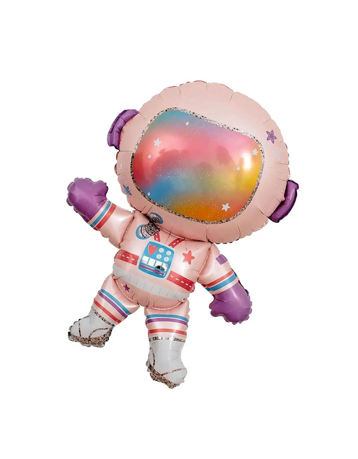 Momo Party's 28" inflated pink lady astronaut shaped foil balloon with a rainbow helmet on a white background.