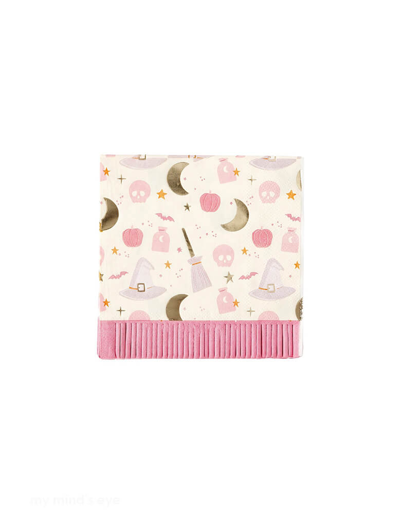 Momo Party's 5" x 5" Hocus Pocus Pink Fringe Small Napkins by My Mind's Eye. Featuring a fun "Hocus Pocus" pattern including witch themed designs like potion, witch's hats, skulls, bats, pumpkins, crescent moons, stars and fringe detailing, these napkins are sure to be a hit. Get ready to impress your guests and make every toast a memorable one!