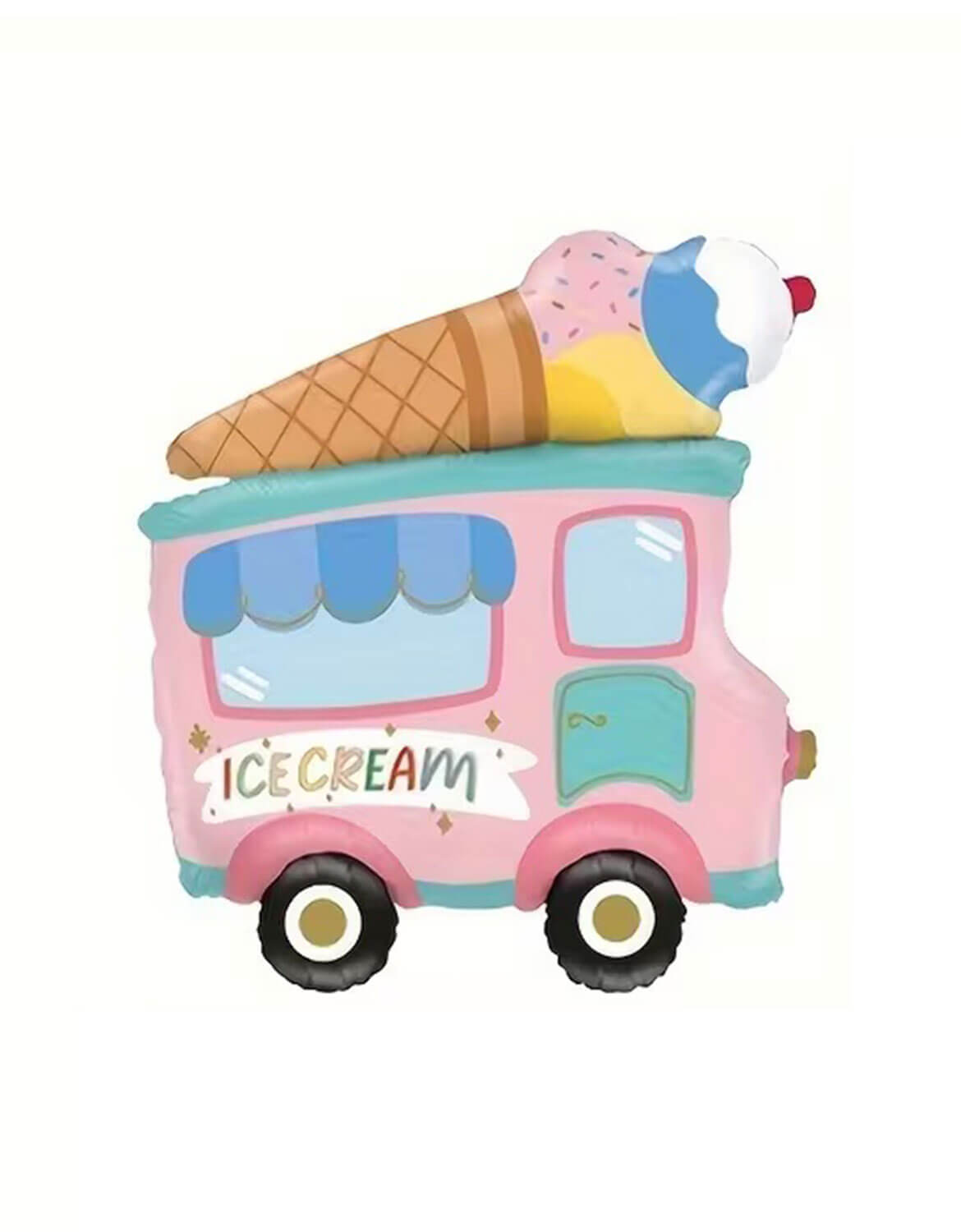 Momo Party's 25" x 27" Pink Ice Cream Truck Foil Balloon on a white background.