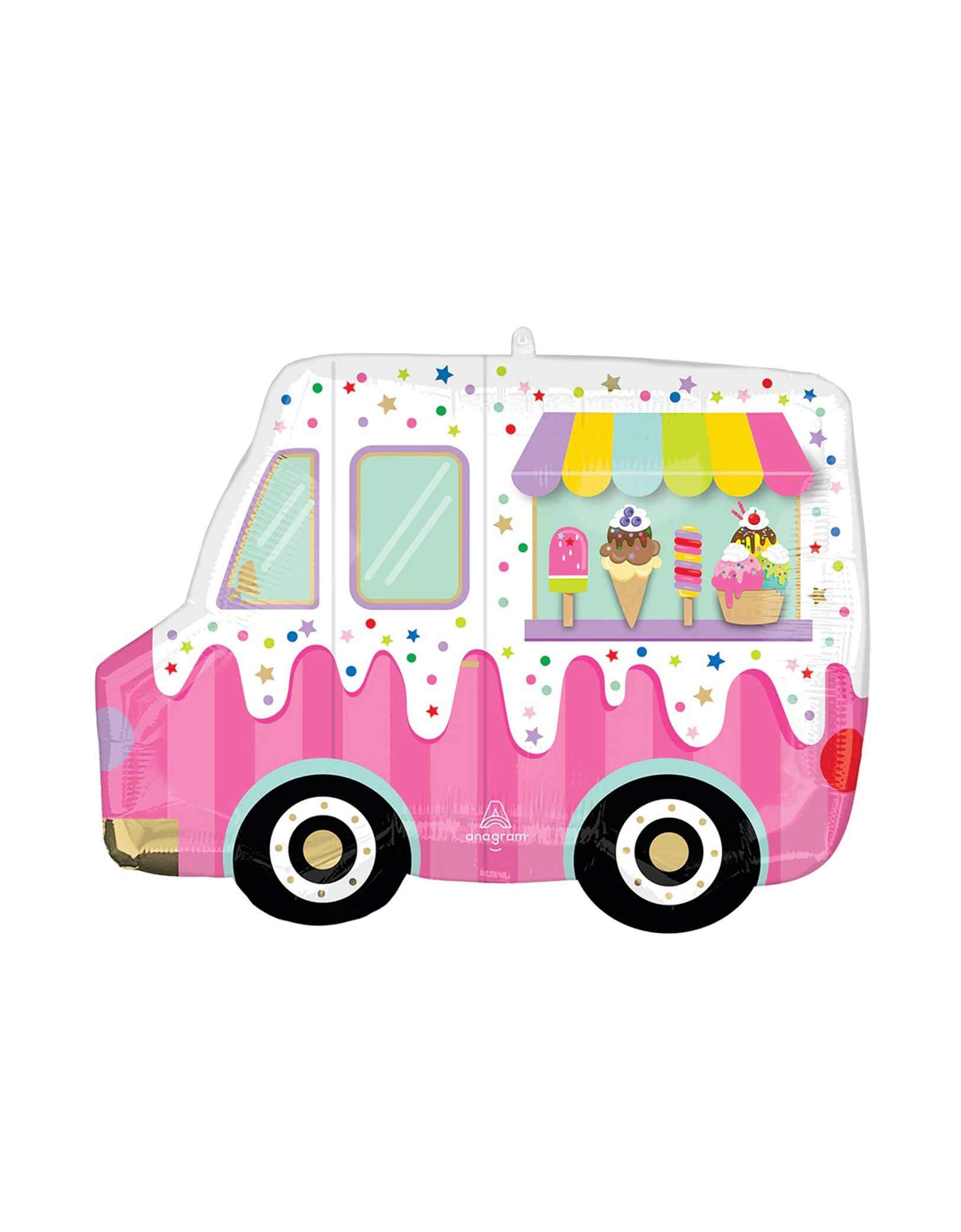 Momo Party's 26" pinkHere's the Scoop pink Ice Cream Truck Foil Balloon by Anagram Balloons. Accent your ice cream party with this 26 inch large unique shaped Here's The Scoop Ice Cream Truck foil mylar balloon. The perfect balloon for your ice cream party, this party balloon is great for setting the scene! This balloon includes a self-sealing valve, preventing the gas from escaping after it's inflated. The balloon can be inflated with helium to float or with a balloon air inflator.