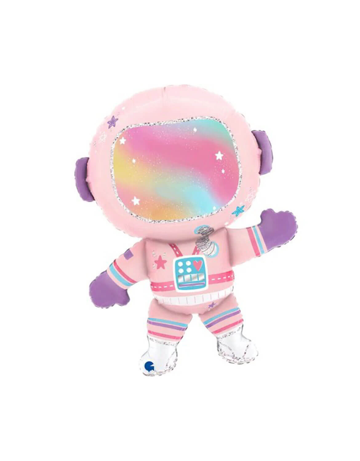 Momo Party's 28" pink lady astronaut shaped foil balloon with a rainbow helmet on a white background.