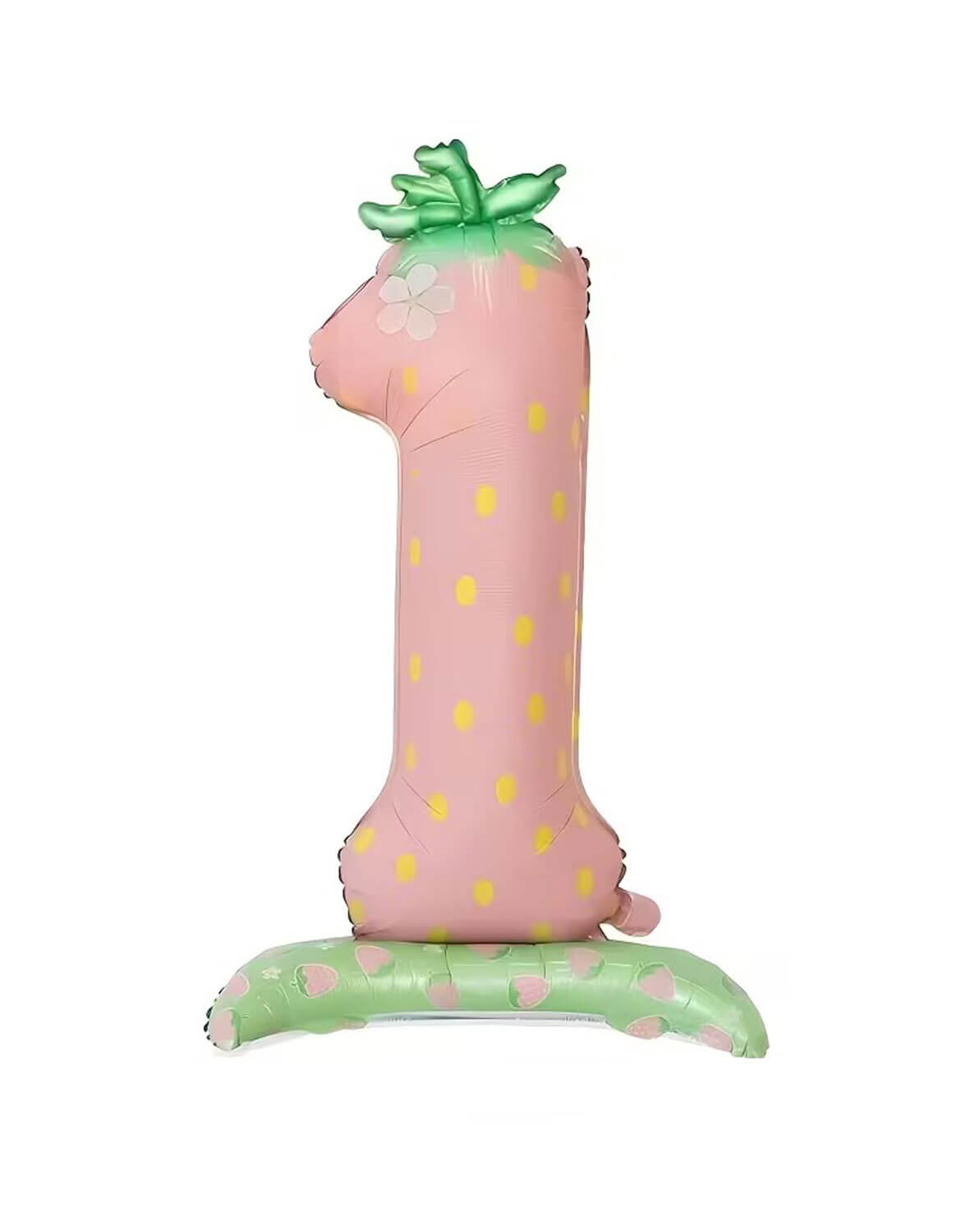 Momo Party's 42" Pink Strawberry Number One Standing Foil Balloon with a strawberry design inflated on a white background.
