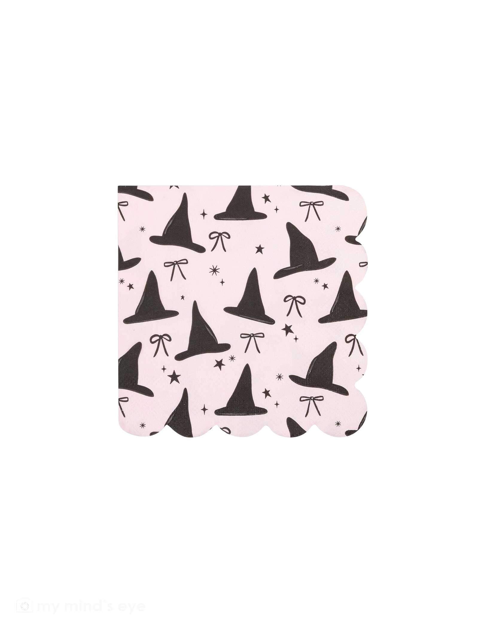 Momo Party's 5" Pink Witch Hats Scallop Small Napkin with black witch hats and bows pattern by My Mind's Eye on a white background.