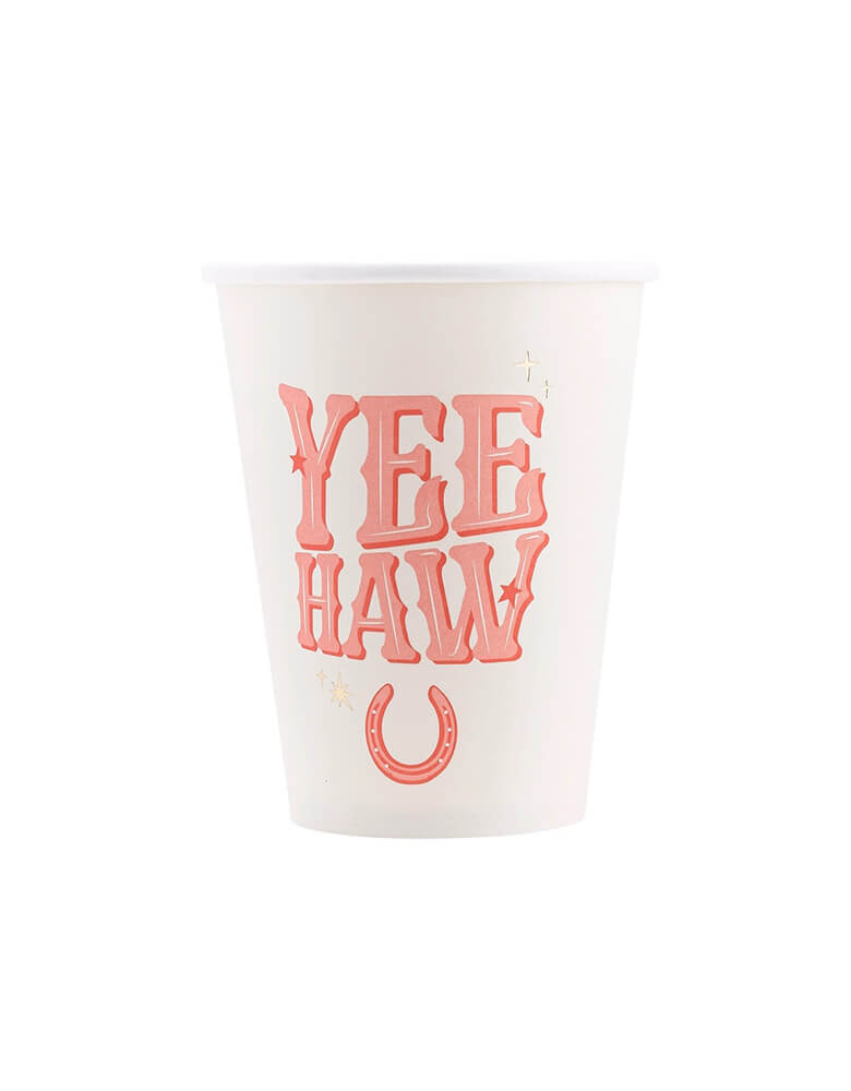 Momo Party's 12 oz Yeehaw party cups by My Mind's Eye. Comes in a set of 8 paper cups, each cups features a pink YEEHAW in old Western type font and a pink horseshoe. These festive party cups are perfect for kid's cowgirl rodeo themed birthday parties or a girl's disco cowgirl themed bachelorette party celebration.