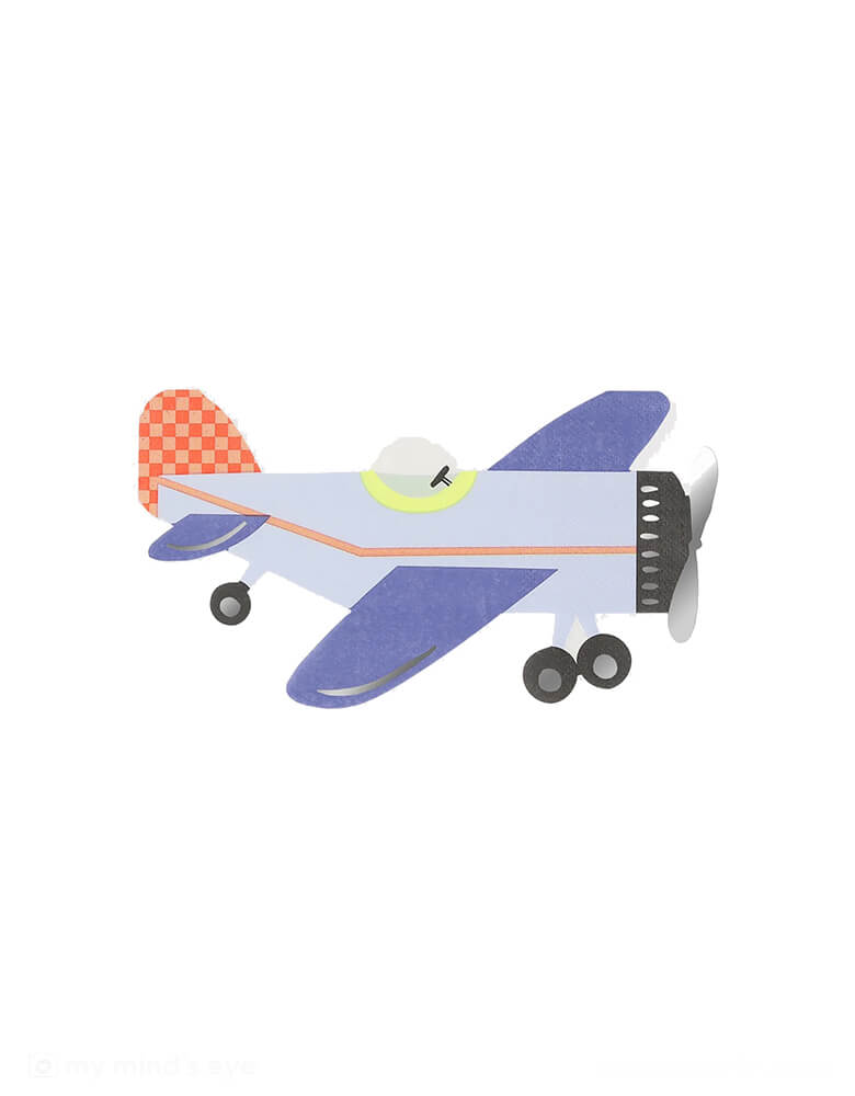 Momo Party's 7.75 "x 4.25" Plane Napkins by Meri Meri. Comes in a set of 16 paper napkins, these blue vintage airplane shaped napkins with red checkered pattern at the tail of the plane with silver foil accents are perfect for kid's aviation, airplane, plane themed birthday party.