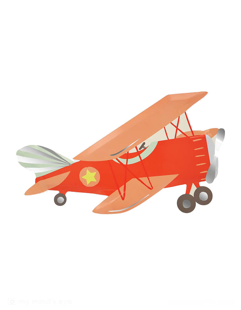 Momo Party's 13" x 7.125" Plane Shaped Plates by Meri Meri. Comes in a set of 8 paper plates, these colorful red vintage airplane shaped plates with silver foil accents on them are perfect for kid's aviation, airplane, plane themed birthday party.