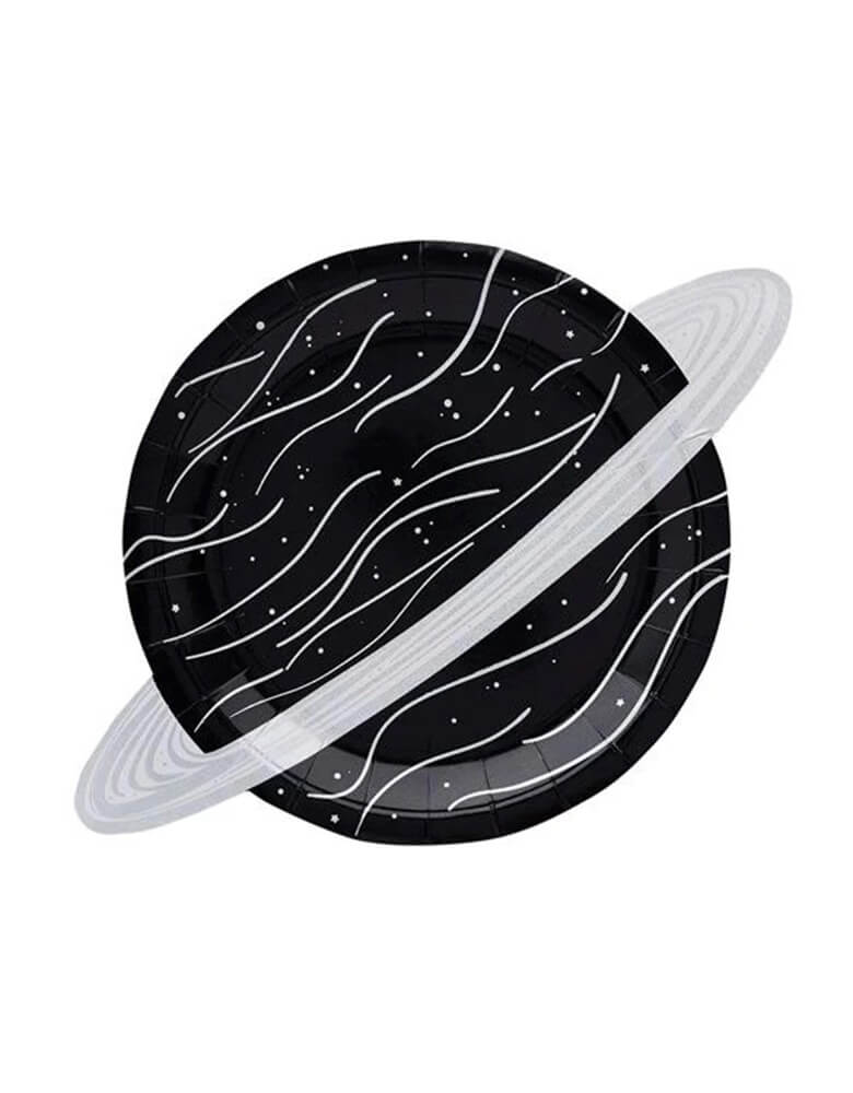 Momo Party's 13.4" x 9" Planet Paper Plates by Hooty Balloo. In the classic onyx black color with silver foil accents, these planet shaped paper party plates are perfect for kid's space themed birthday party, a "Two The Moon" second birthday party or "First Trip around the Sun" first birthday party.