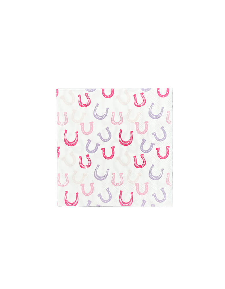 Momo Party's 5" x 5" pink horseshoe small napkins by Daydream Society. Comes in a set of 16 napkins, these adorable small napkins feature a horseshoe pattern in shades of pink and purple. They make a perfect addition to your next rodeo for your little cowgirl!