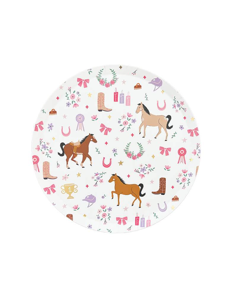 Momo Party's 8" Pony Tails Cowgirl Small Plates by Daydream Society. Comes in as a set of 8 paper plates, these small plates make for the prettiest pastel pony party! Featuring images of horses, florals, show ribbons and cowgirl boots and trimmed with gold and silver foil detailing. They make a perfect addition to your next rodeo!