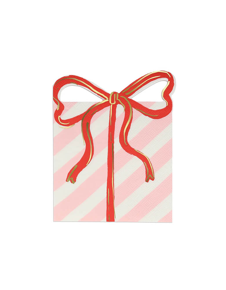 Momo Party's 5.25 x 6.5 inches Christmas present with bow shaped napkins by Meri Meri. Comes in a set of 16 napkins in 4 festive colors including red, pink, mint and green, these napkins with cut out bows, will make a stylish statement on your party table too. They're perfect for cocktail parties, festive drinks and meals.