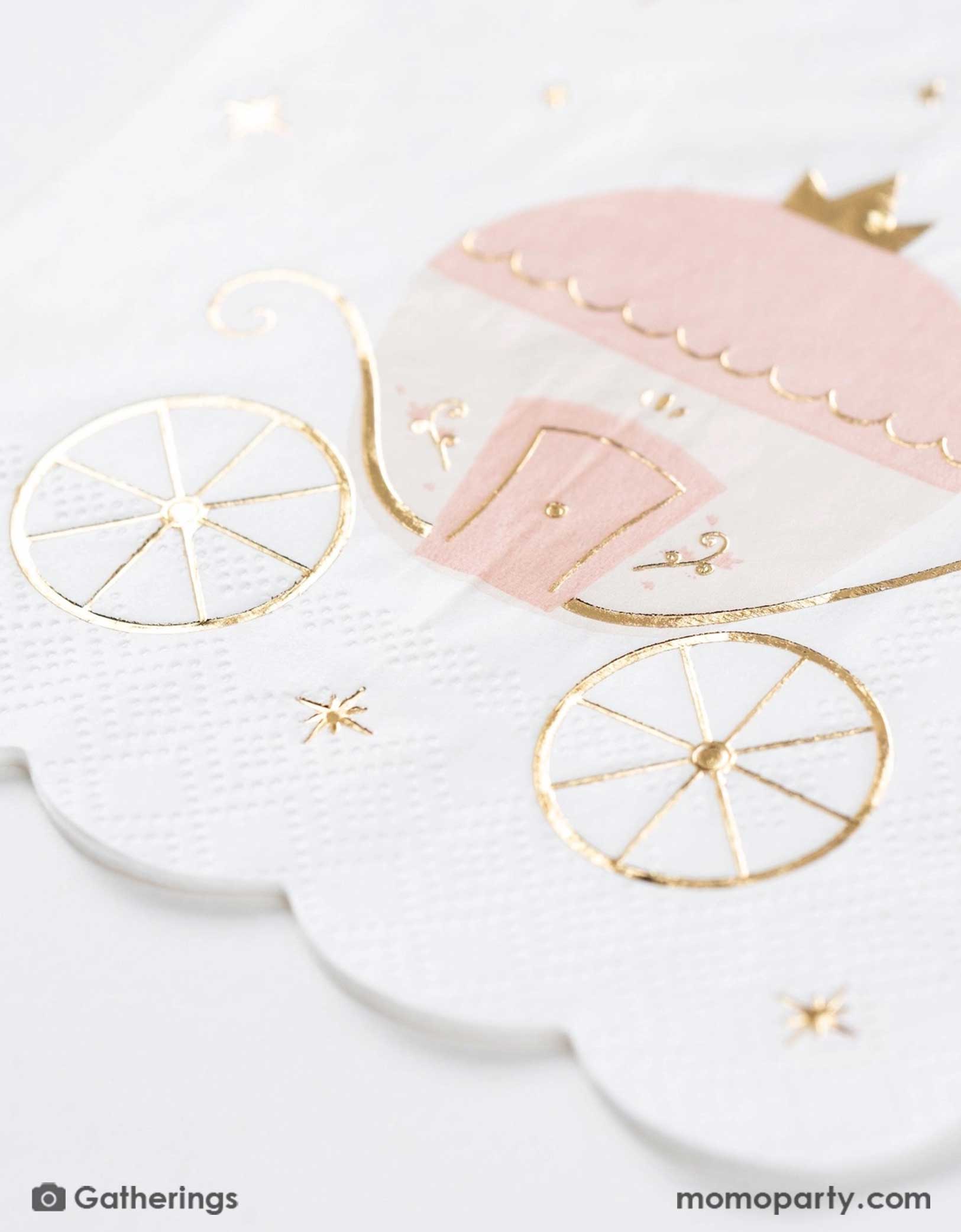 Momo Party's 5" pink princess carriage small napkins with a crown on a white background. Featuring a whimsical pink and white carriage surrounded by twinkling stars, these enchanting napkins are finished with shimmering gold foil detailing on every flourish—from the wheels and scrollwork to the sparkling stars. The soft scalloped edges complete the look, making them a perfect fit for princess parties, tea times, or magical birthday celebrations.