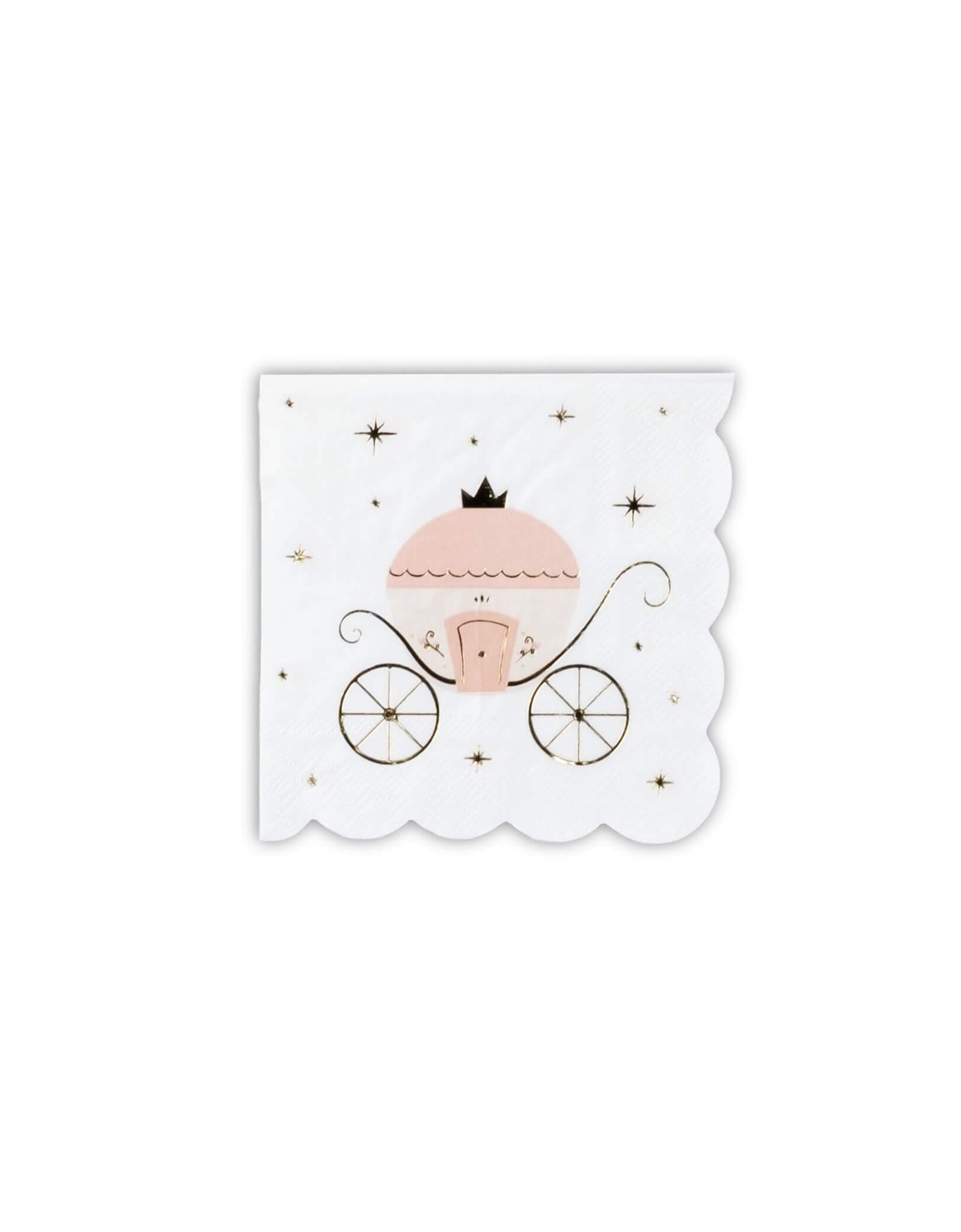 Momo Party's 5" pink princess carriage small napkins with a crown on a white background. Featuring a whimsical pink and white carriage surrounded by twinkling stars, these enchanting napkins are finished with shimmering gold foil detailing on every flourish—from the wheels and scrollwork to the sparkling stars. The soft scalloped edges complete the look, making them a perfect fit for princess parties, tea times, or magical birthday celebrations.
