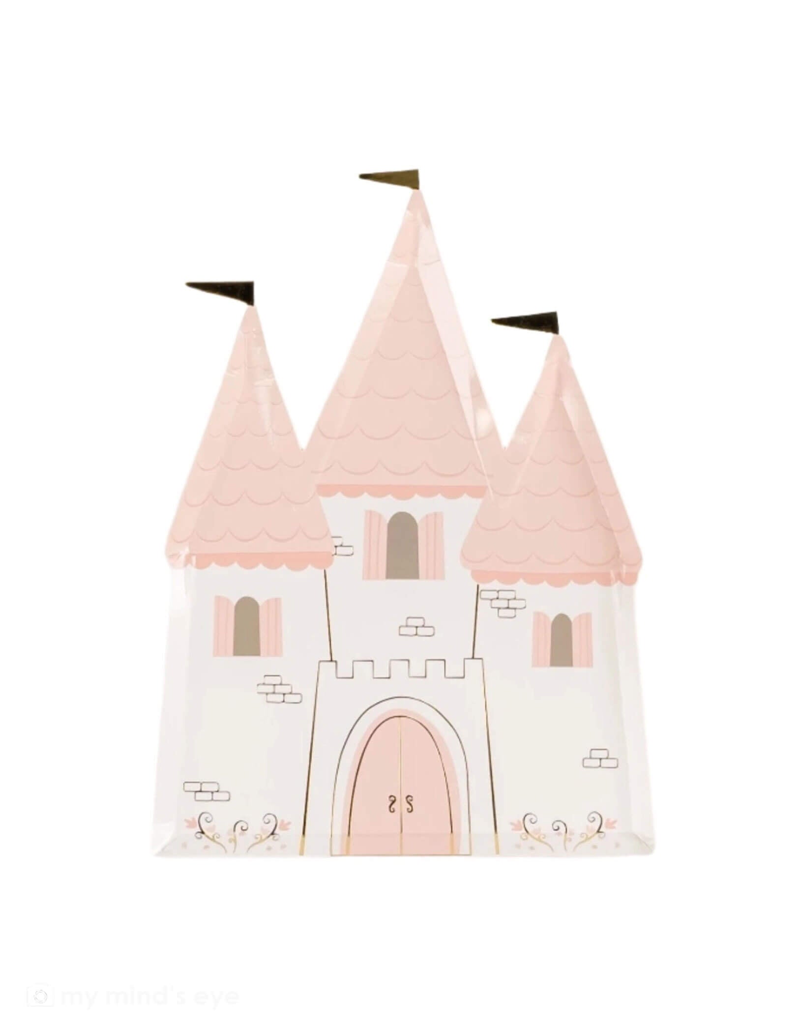 Momo Party's 9.5" castle-shaped princess party plate with pink rooftops and gold foil accents on a white background.