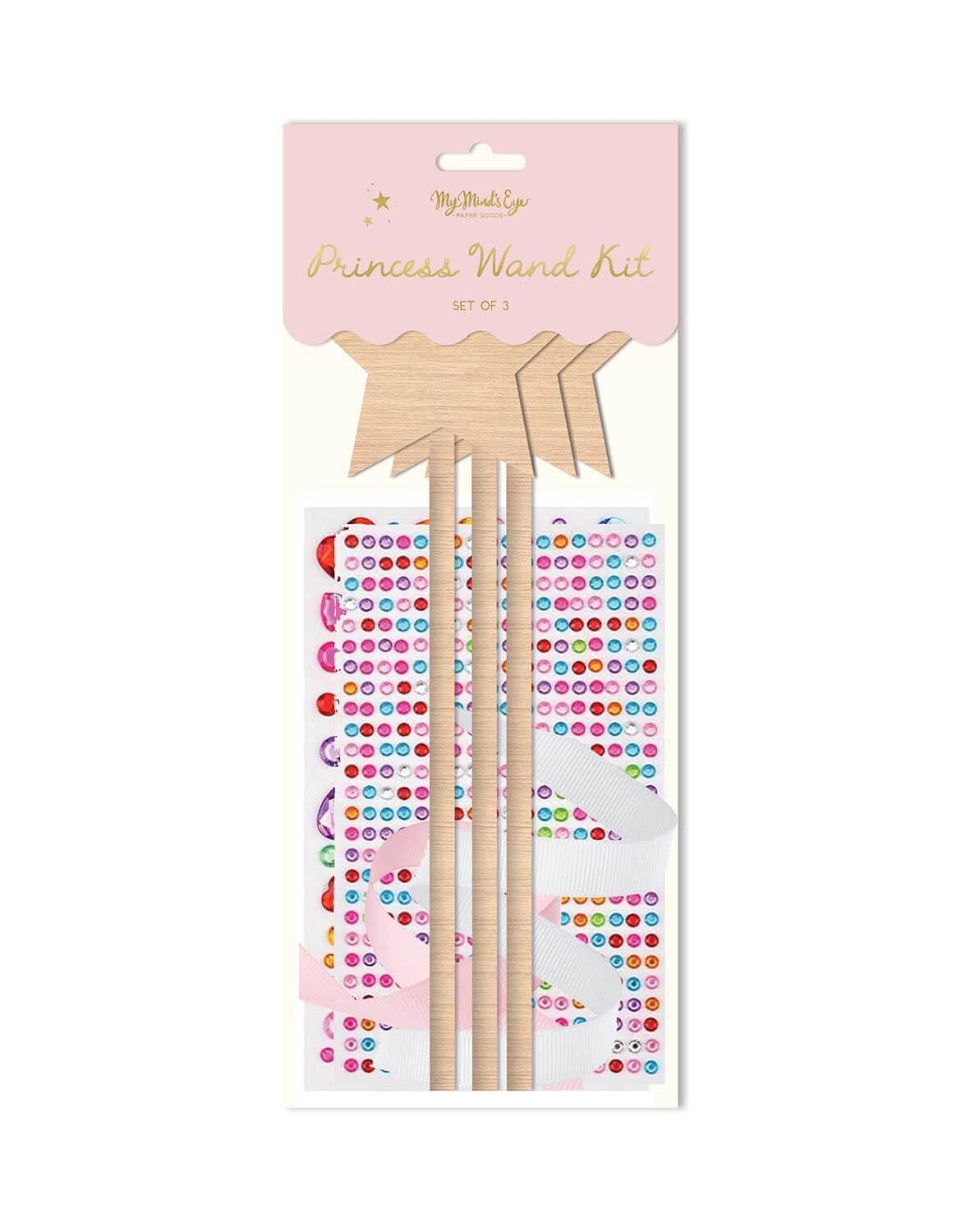 Momo Party's Princess DIY Wood Wand Kit packaging with wooden sticks and colorful beads by My Mind's Eye on a white background.