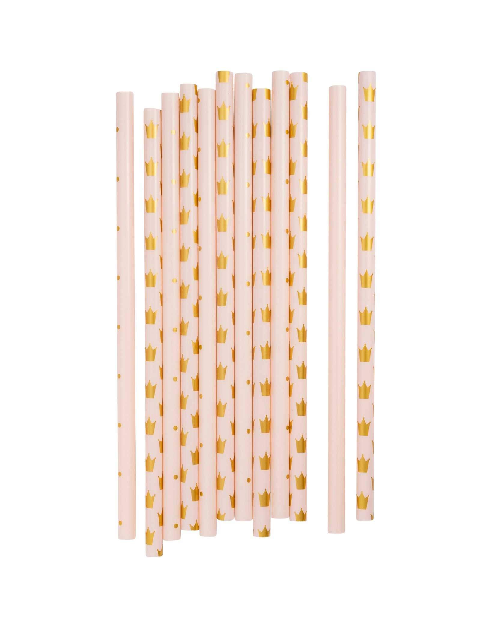 A set of Momo Party's 8" pink Princess Reusable plastic Straws featuring gold crown patterns by My Mind's Eye on a white background.