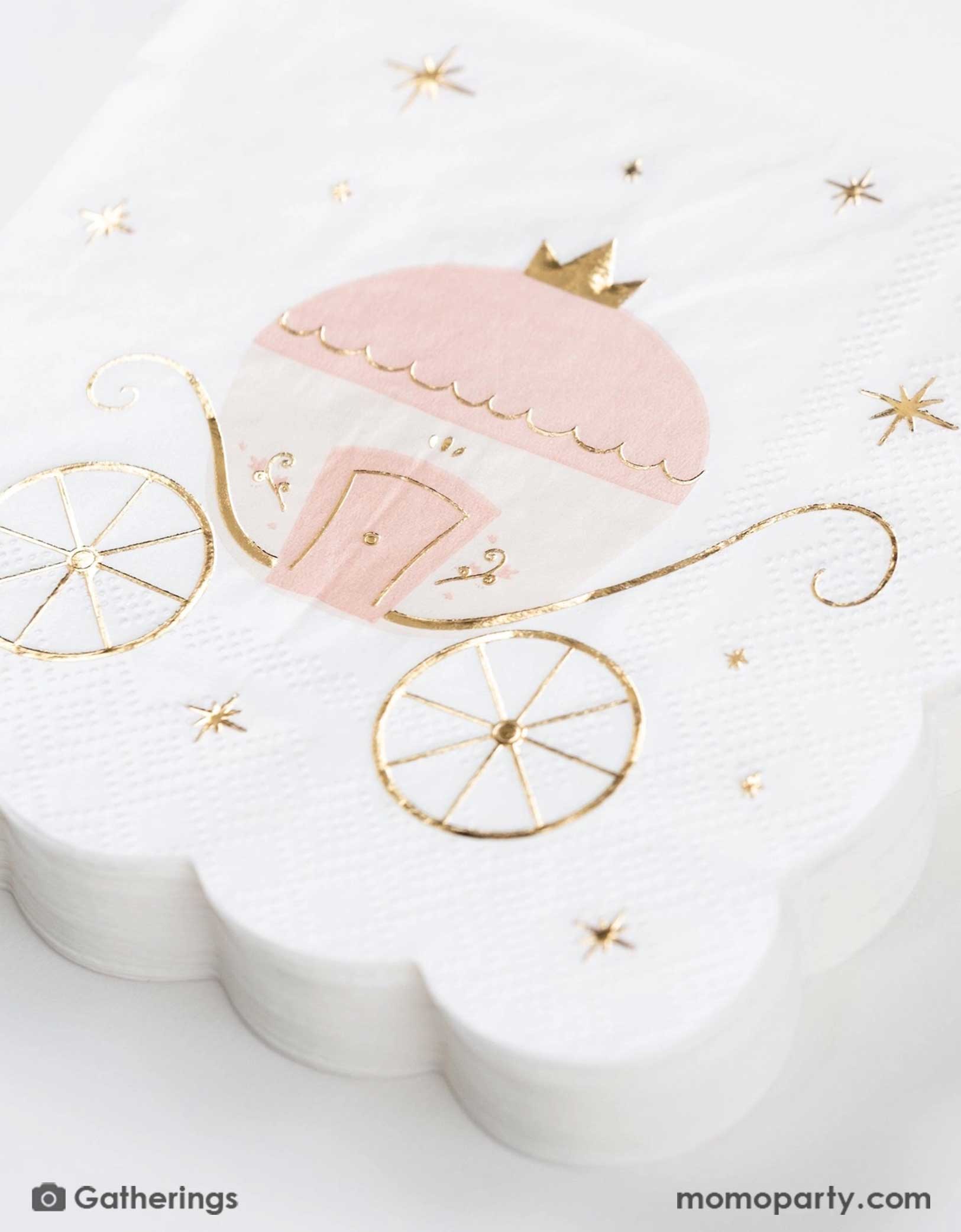 Momo Party's 5" pink princess carriage small napkins with a crown on a white background. Featuring a whimsical pink and white carriage surrounded by twinkling stars, these enchanting napkins are finished with shimmering gold foil detailing on every flourish—from the wheels and scrollwork to the sparkling stars. The soft scalloped edges complete the look, making them a perfect fit for princess parties, tea times, or magical birthday celebrations.