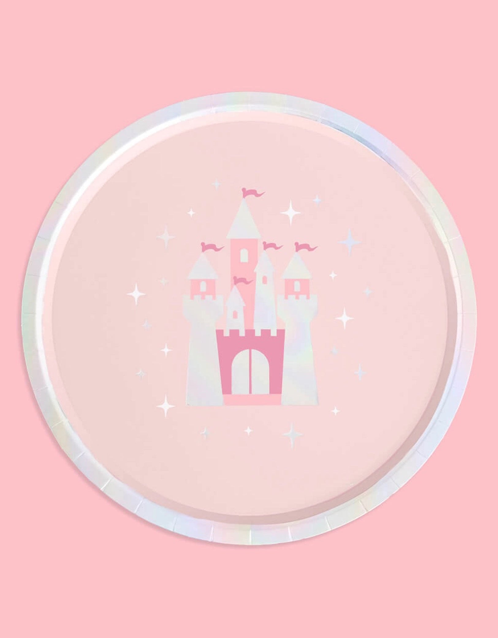 Momo Party's 9" princess iridescent round party plate with a pink castle design  on a pink background.