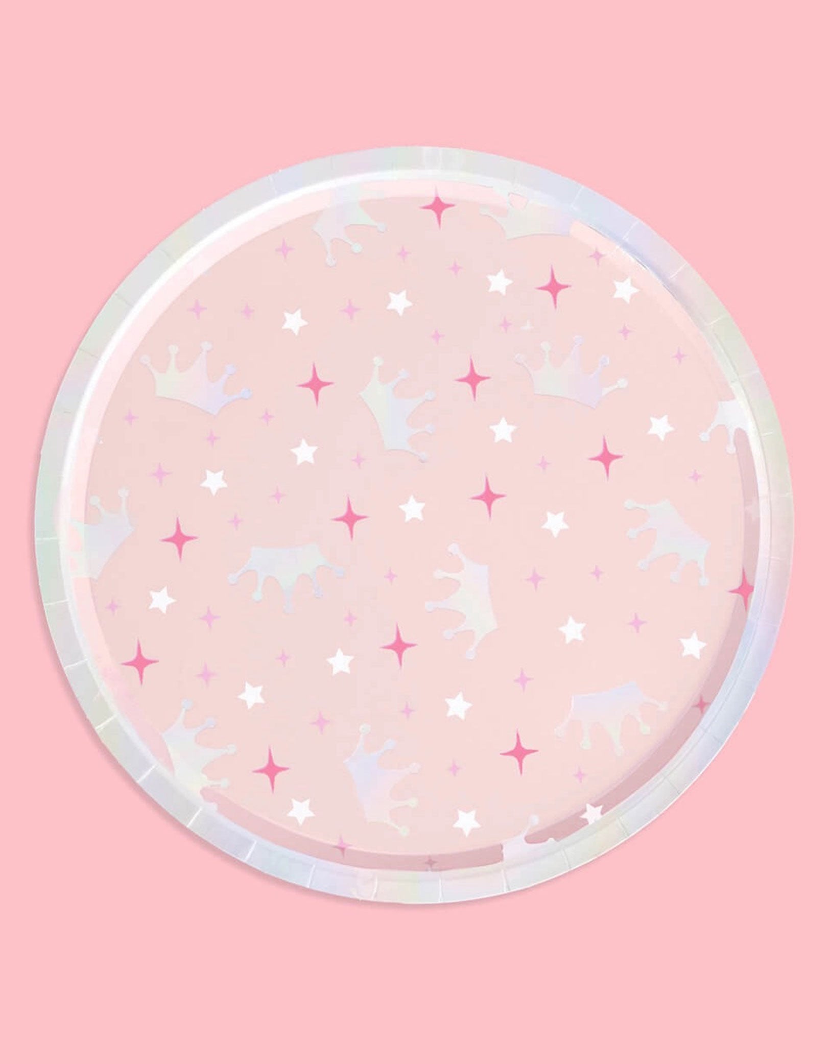 Momo Party's 9" princess iridescent round party plate with crown and star point design patterns on a pink background.