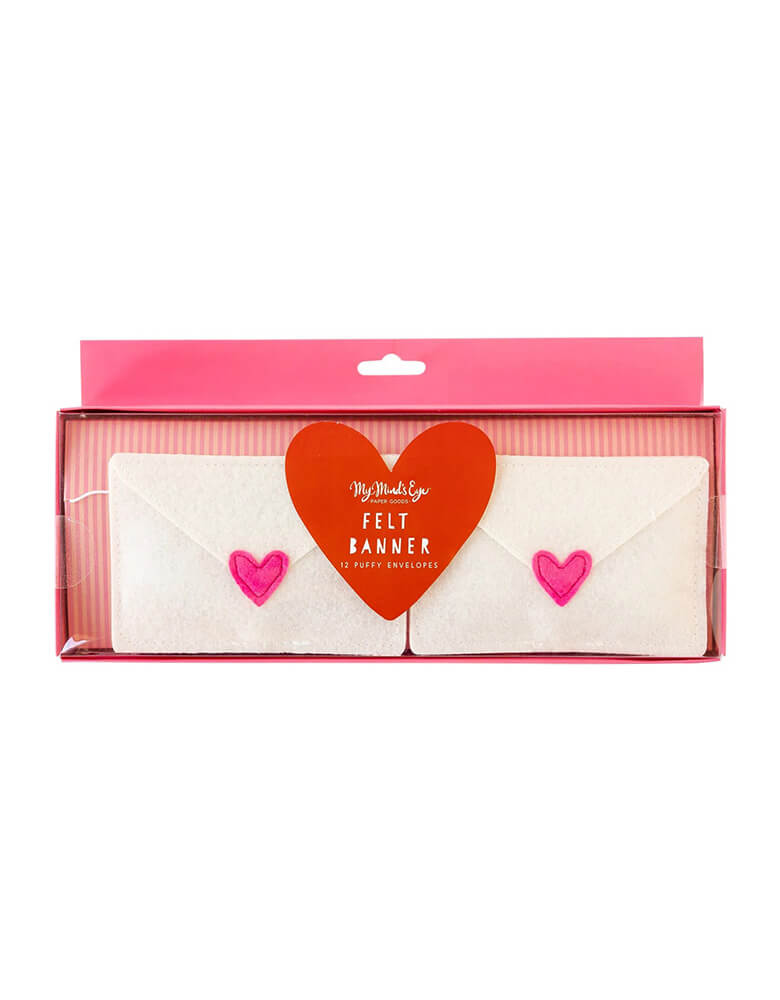 The package of Momo Party's 6 ft Puffy Felt Love Envelope Banner by My Mind's Eye. With its puffy felt envelopes and festive hearts, it's a great addition to your Valentine's Party decoration, it's also a charming way of showing your love-letter-lovin' side!