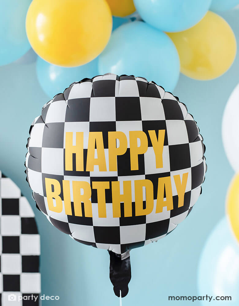 Momo Party's 14" happy birthday checkered flag foil balloon with colorful balloon garland by Party Deco. Featuring a checkered design and "happy birthday" on it, it's perfect for your little one's "Two Fast" second birthday or "Fast One" first birthday party.