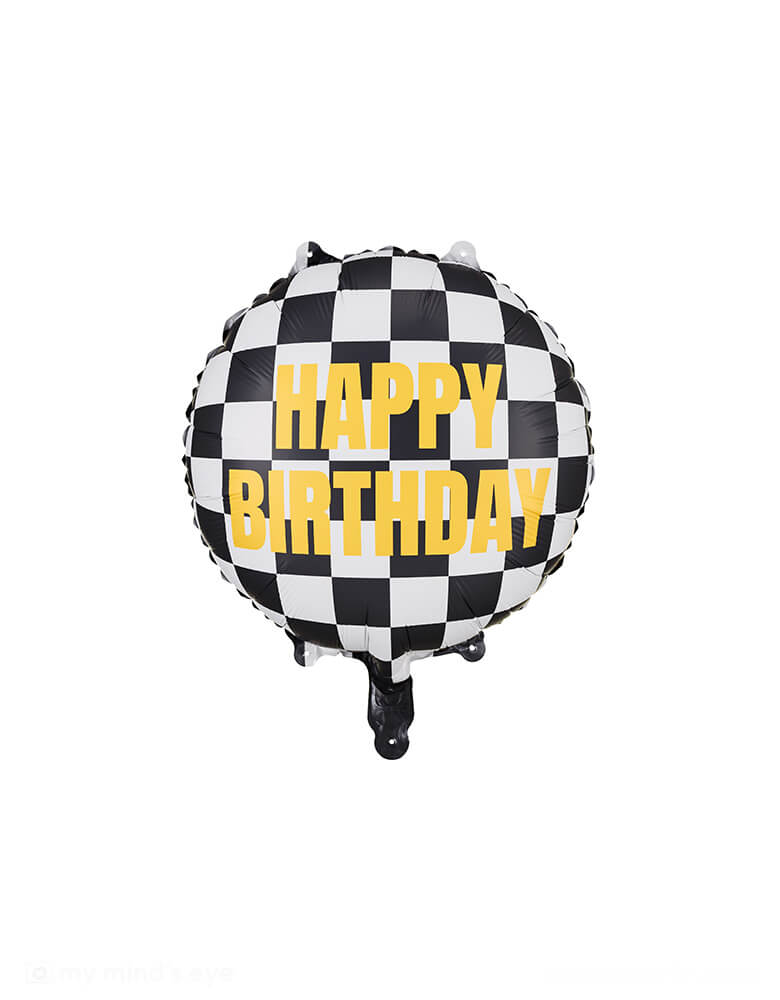 Momo Party's 14" happy birthday checkered flag foil balloon by Party Deco. Featuring a checkered design and "happy birthday" on it, it's perfect for your little one's "Two Fast" second birthday or "Fast One" first birthday party.