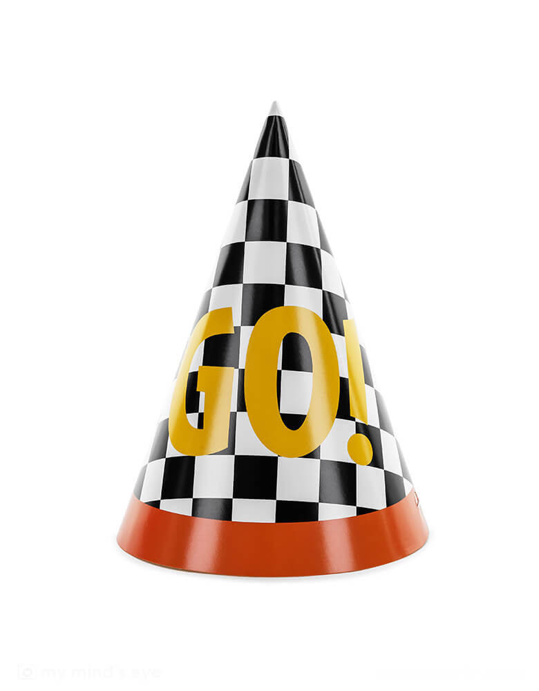 Momo Party's 4.3" x 6.3" race car checkered flag GO! party hats by Party Deco. Featuring the classic race car flag checkers with a red rim, each hat has a GO! written on it, making these a fun and festive addition to kid's race car themed celebration.