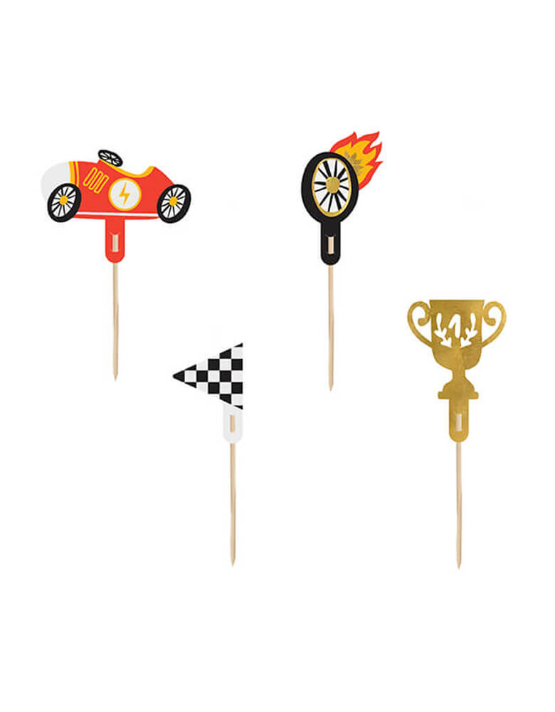 Momo Party's Car Cupcake Toppers by Party Deco. Featuring 4 race car inspired designs including a red vintage race car, a wheel with flame on it, a checkered flag, and a trophy, these cupcake toppers are perfect addition for a kid's car themed birthday party.