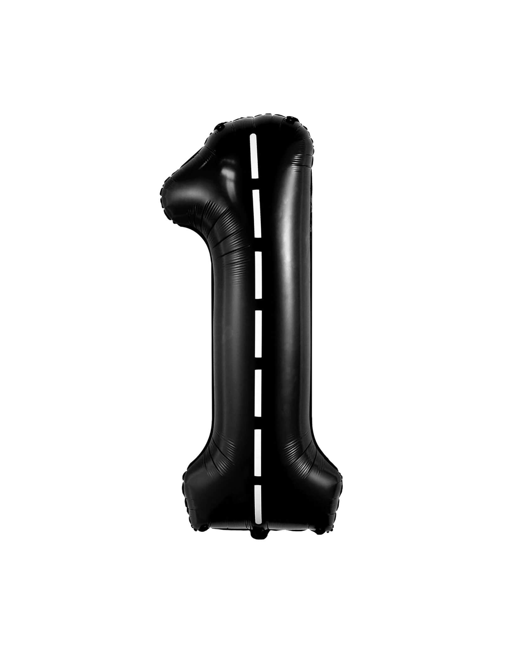 Momo Party's 40" black Race Car Road Number 1 foil Balloon on a white background. This balloon is perfect for kid's race car, Mario Kart, Hot Wheels themed birthday celebrations! Perfect for a "Fast One" race car themed first birthday party!