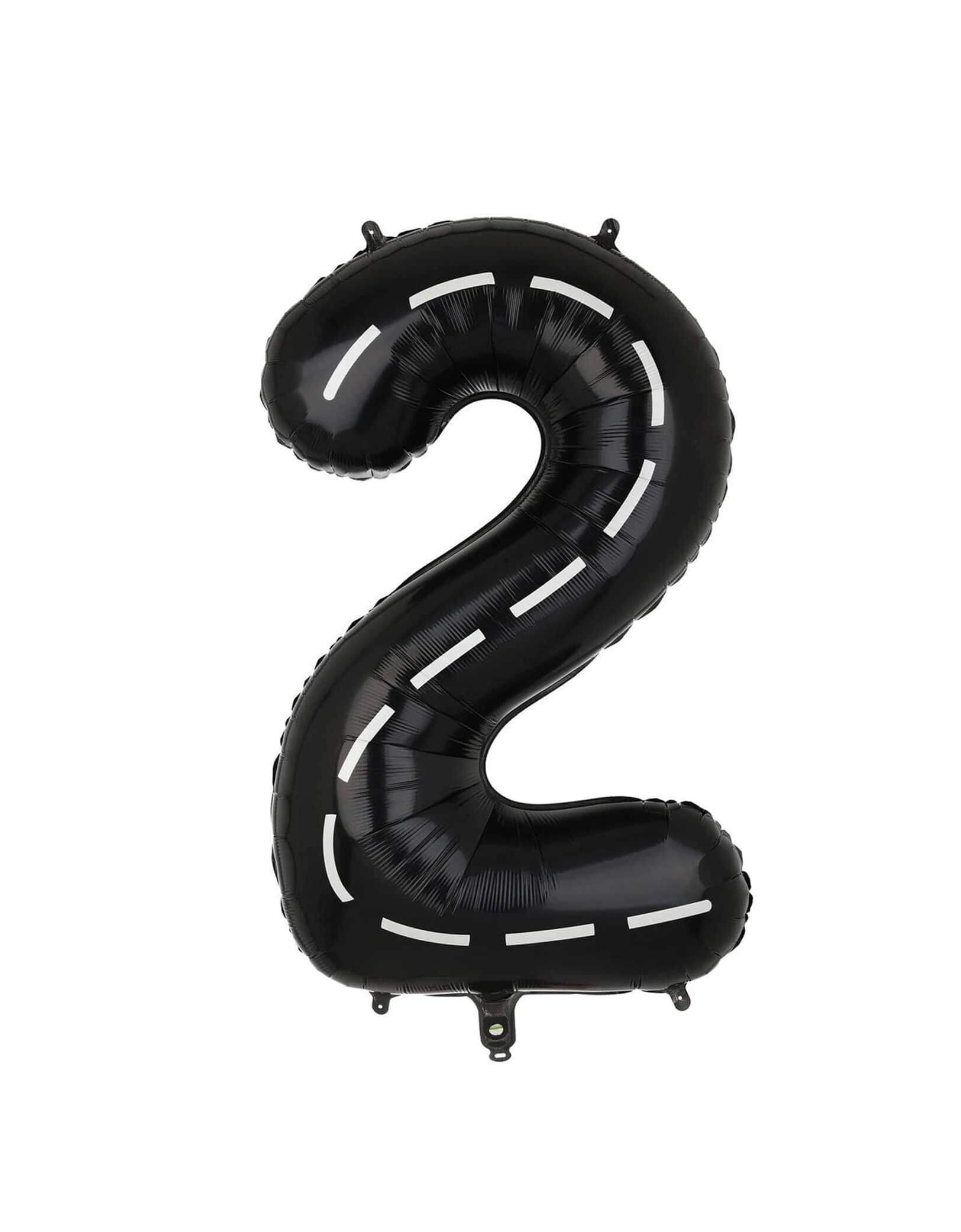 Momo Party's 40" black Race Car Road Number 2 foil Balloon on a white background. This balloon is perfect for kid's race car, Mario Kart, Hot Wheels themed birthday celebrations! Perfect for a "Two Fast" race car themed second birthday party!