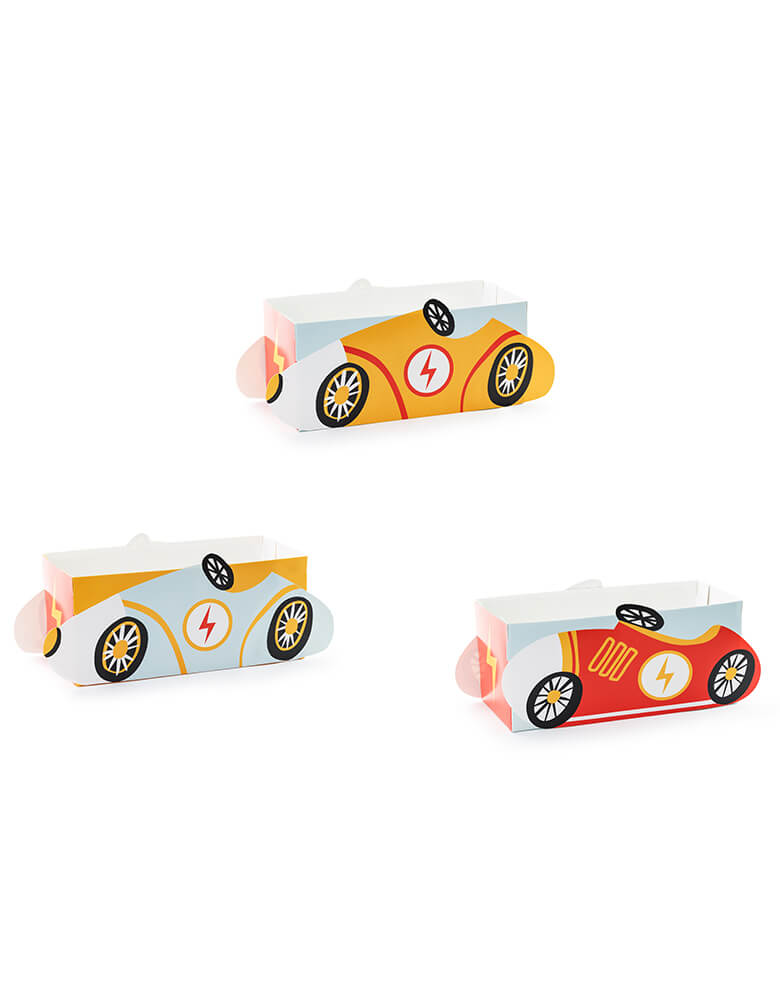 Momo Party's 3 x 3 x 6.7 inches race car snack treat boxes by Party Deco. These race car shaped snack boxes are perfect for kid's car themed party! Great for party treats like candies, popcorns and more.
