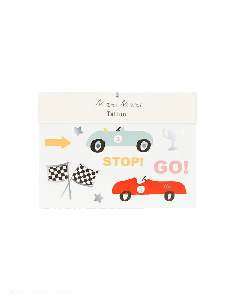 Momo Party's Race Cars Temporary Tattoos by Meri Meri. Comes in a set of 2 tattoos sheets, each features various vintage race car themed illustrations including race car flags, a trophy, "Go!" and "Stop!" tattoo stickers, these car themed temporary tattoos are perfect party activities at a kid's race car, Two Fast themed birthday party. They're perfect as goodie bag fillers to send your little racers home! 