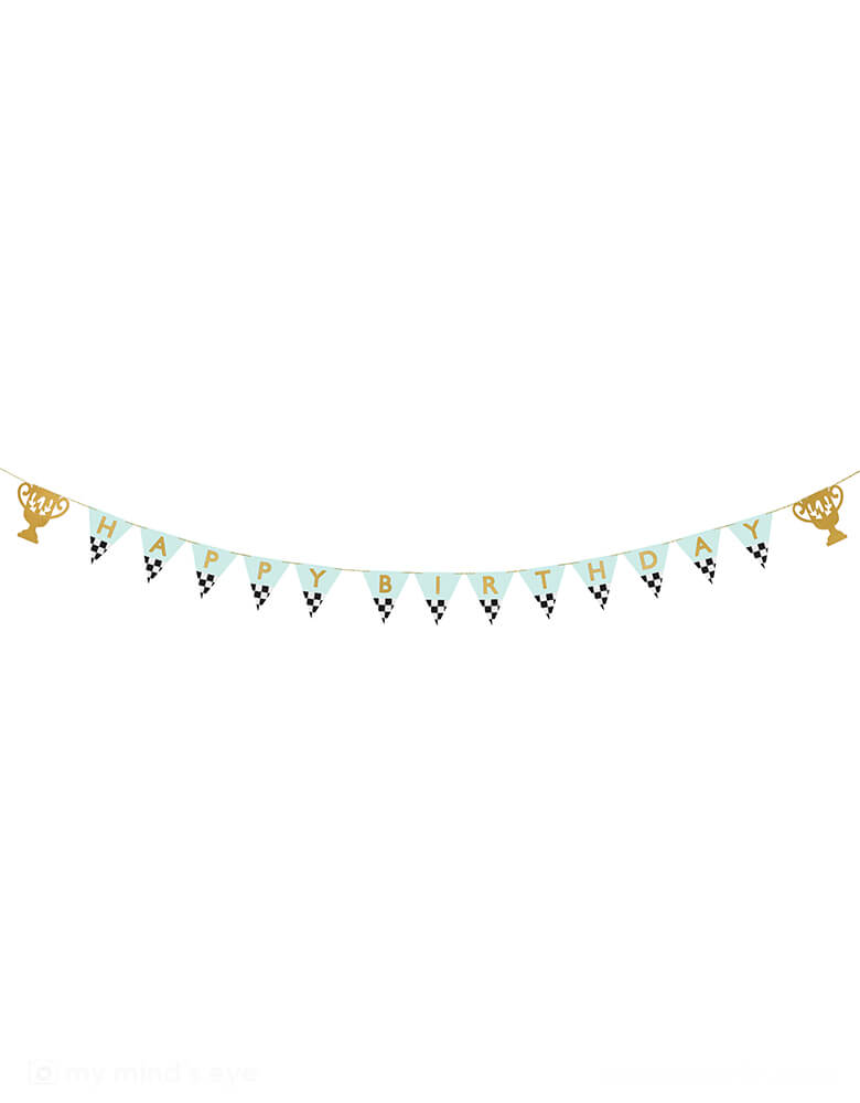 Momo Party's 9.8 ft Trophy Happy Birthday Banner by Party Deco. This pastel blue colored banner with checker accents with trophy pennants, with HAPPY BIRTHDAY written on it, it is perfect for kid's race car birthday party or a Two Fast second birthday party.