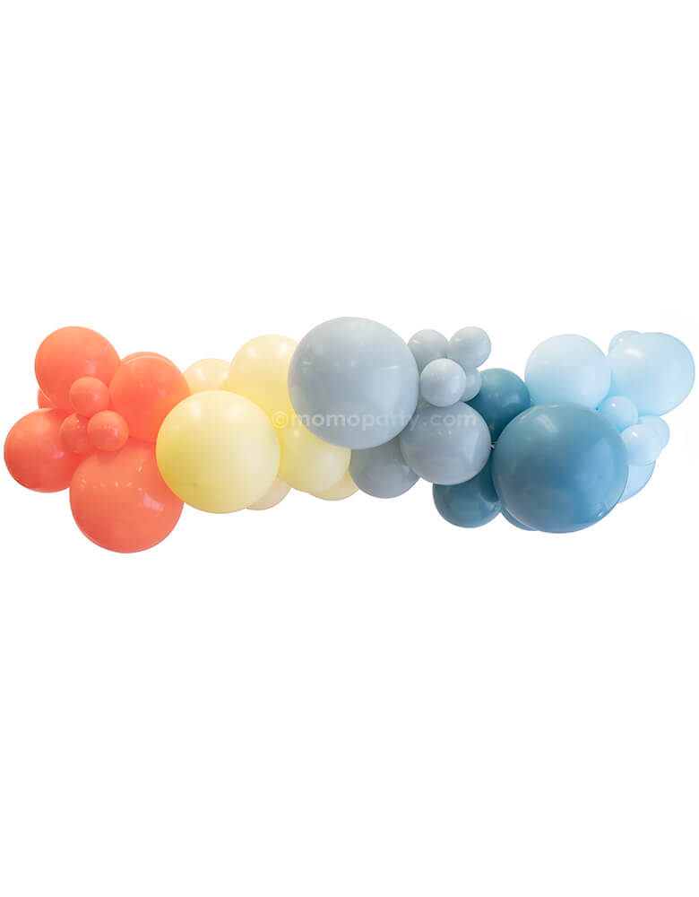 Momo Party Exclusive Race car 8-foot balloon Garland.  This Balloon cloud kit includes Assorted 17”, 11” and 5” race car-themed latex balloons in Coral, Pastel Yellow, Grey, Fog and Light Bule colors. Fishing line, balloon hand pump. This will be a spot light to decorate your race car themed party