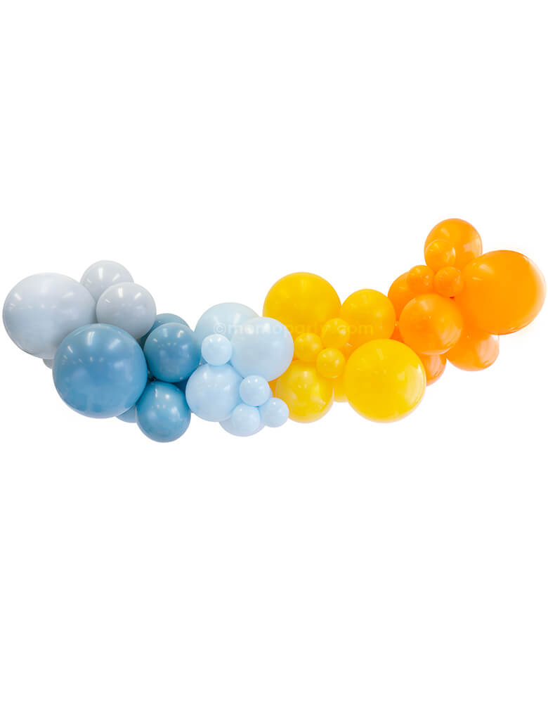 Momo Party's Hot Wheel Party Balloon Cloud Kit, featuring Assorted 17”, 11” & 5” race car-themed latex balloons in blue, grey,  orange and goldenrod color, high quality latex balloons are  made in USA 