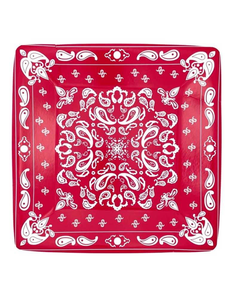 Momo Party's 10.5" x 10.5" red bandana dinner paper plates by Party West. Shaped like a bandana with the classic western style design. These paper plates are perfect for a cowboy themed bash or a kid's first rodeo themed first birthday party.