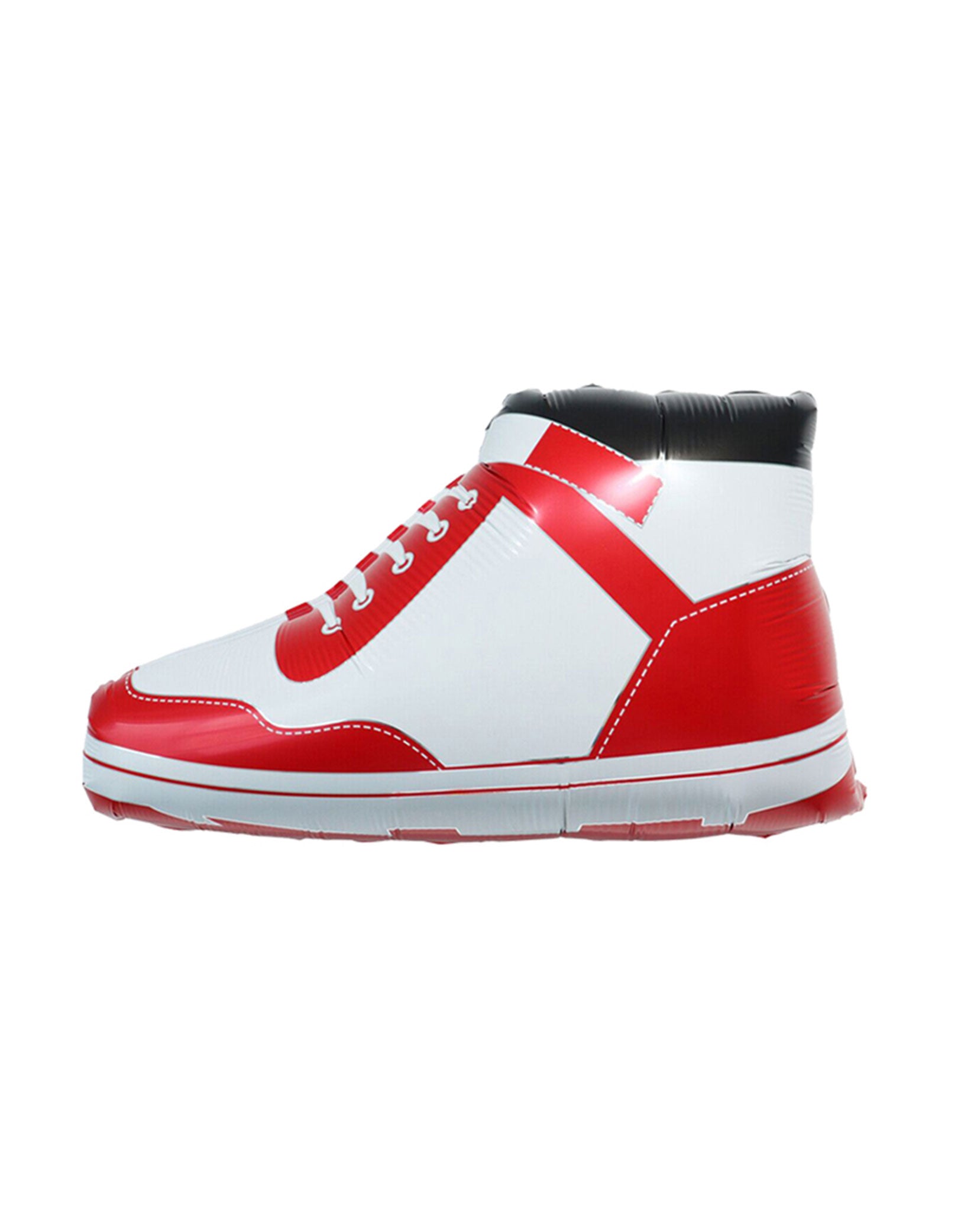 Momo Party's 24" Basketball Red Sneaker Shaped Foil  Balloon. Perfect for sports-themed parties or room decor, this cool balloon combines the iconic look of a basketball sneaker with a sleek red and white design. It adds a fun, sporty vibe to any event or space, making your celebration jump higher and your decorations stand out. Score big with this playful and stylish balloon!