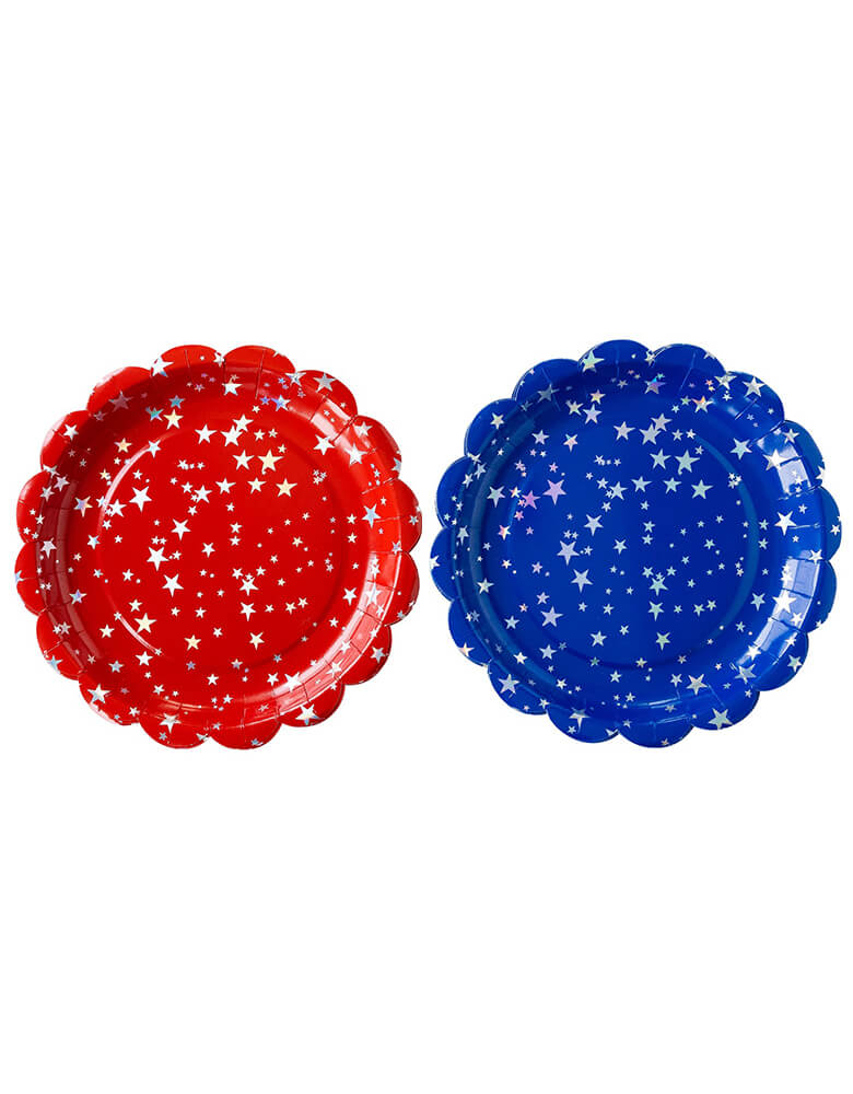 ROC941 - RED/BLUE SPARKLERS SCALLOP PLATE SET by  My Mind's Eye.Featuring a fabulously festive scatter star pattern with holographic accents on both blue and red backgrounds, these dinner sized paper plates make a patriotic statement that will bring your loved ones around the table to enjoy backyard cookout favorites!