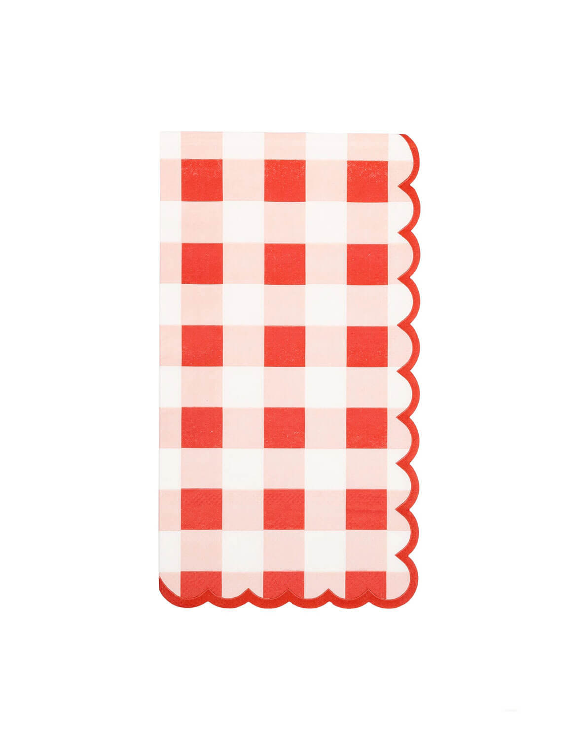 Momo Party's 4.25" x 7.75" Red and white checkered scalloped dinner napkin by My Mind's Eye on a white background/
