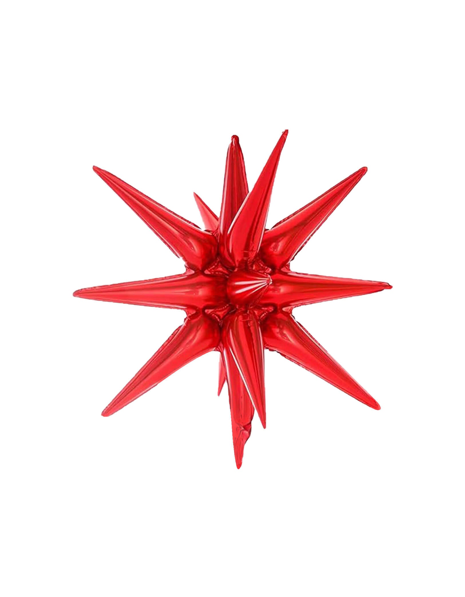 Momo Party's 22" Red Starburst Foil Balloon. This jumbo starburst foil balloon is simply a show-stopper for any celebration! Its unique shape is sure to add a glam look to your celebration. This starburst foil balloon can be inflated with air only using a balloon air inflator or hand pump. Add a string to hang the balloon from the ceiling above a party table or dance floor.