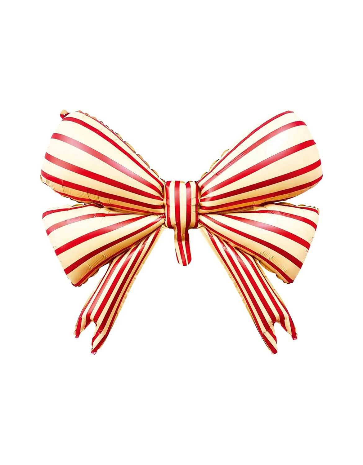 Momo Party's 30" red and white striped bow shaped foil balloon in matte finish against a white background.